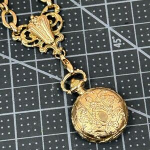 Forem Quartz Japan Movt Gold Tone Pendant Watch Necklace Ornate Engraved Case